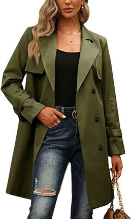 Women's Double Breasted Long Trench Coats Mid-Length Belted Overcoat  Jacket Model C