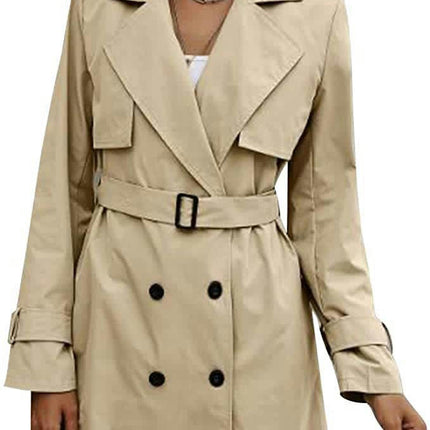 Women's Double Breasted Long Trench Coats Mid-Length Belted Overcoat  Jacket Model C