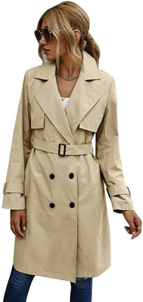 Women's Double Breasted Long Trench Coats Mid-Length Belted Overcoat  Jacket Model C