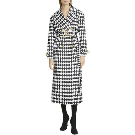 Women's Double Breasted Trench Coat - Black and White Diamond Check Extended Trench Coat with Belt