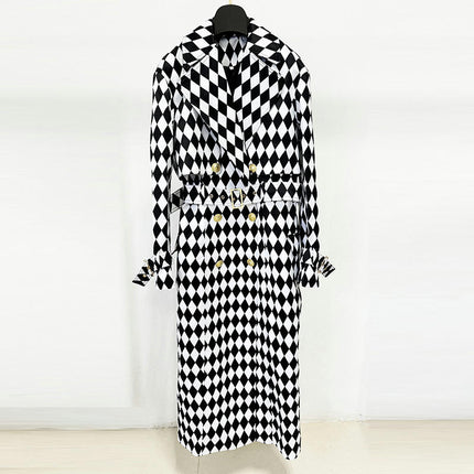 Women's Double Breasted Trench Coat - Black and White Diamond Check Extended Trench Coat with Belt