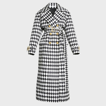 Women's Double Breasted Trench Coat - Black and White Diamond Check Extended Trench Coat with Belt