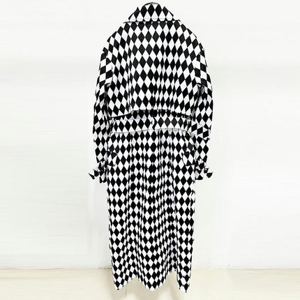 Women's Double Breasted Trench Coat - Black and White Diamond Check Extended Trench Coat with Belt