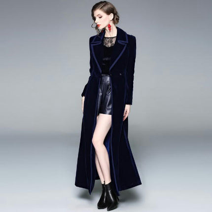 Women's Elegant Velvet One Button Maxi Trench Coat Pocket Party Overcoat