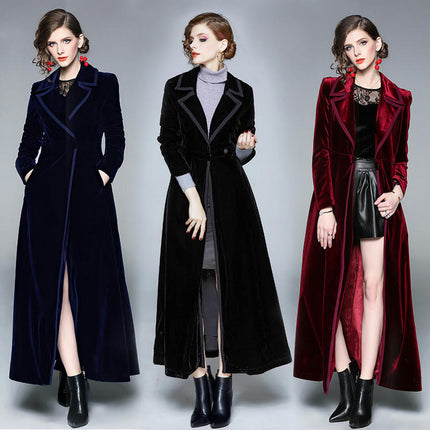 Women's Elegant Velvet One Button Maxi Trench Coat Pocket Party Overcoat