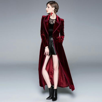 Women's Elegant Velvet One Button Maxi Trench Coat Pocket Party Overcoat