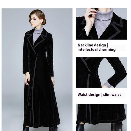 Women's Elegant Velvet One Button Maxi Trench Coat Pocket Party Overcoat