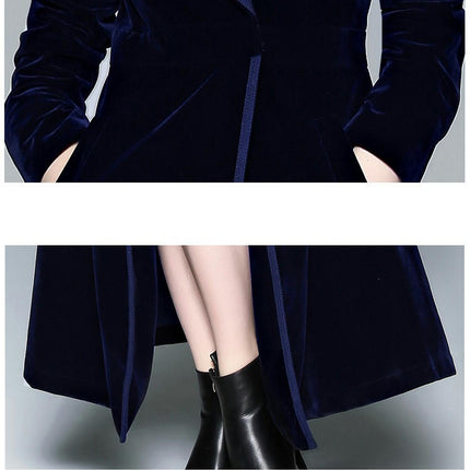 Women's Elegant Velvet One Button Maxi Trench Coat Pocket Party Overcoat