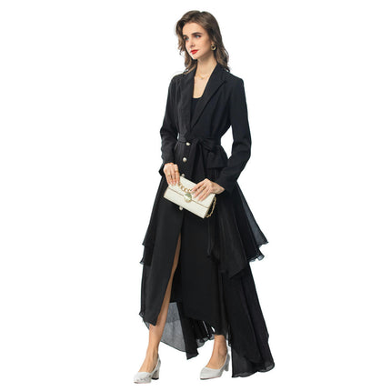 Women's Lapel Single Breasted Belt Long Sleeve Trench Coat Irregular Hem Coat