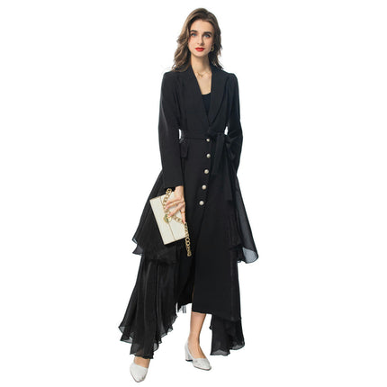 Women's Lapel Single Breasted Belt Long Sleeve Trench Coat Irregular Hem Coat