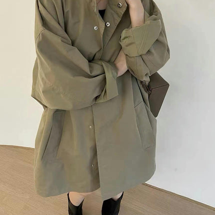 Women's Autumn Lazy Wind Oversized Long Sleeve Loose Jacket with Pocket Button Coat