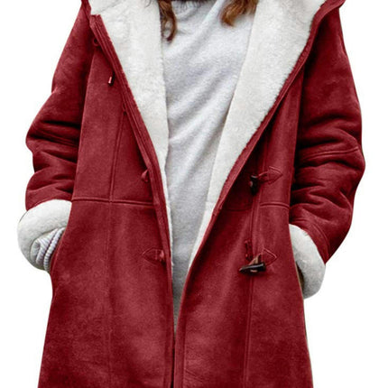 Women's Hooded Fleece Warm Horn Button Jacket Sherpa Wool Jacket