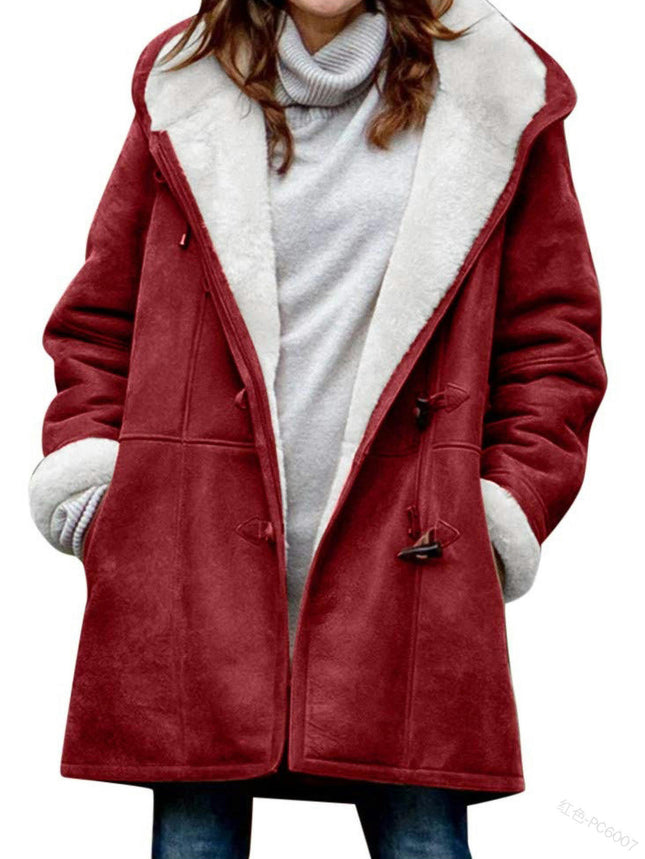 Women's Hooded Fleece Warm Horn Button Jacket Sherpa Wool Jacket