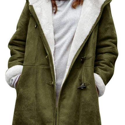 Women's Hooded Fleece Warm Horn Button Jacket Sherpa Wool Jacket