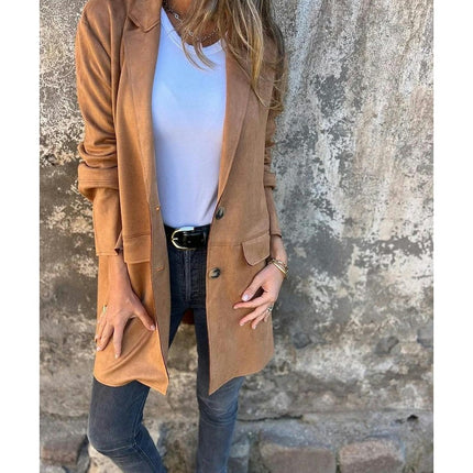 Women's Autumn and Winter Mid-Length Suede Jacket-Lapel Long Sleeve Casual Button Jacket