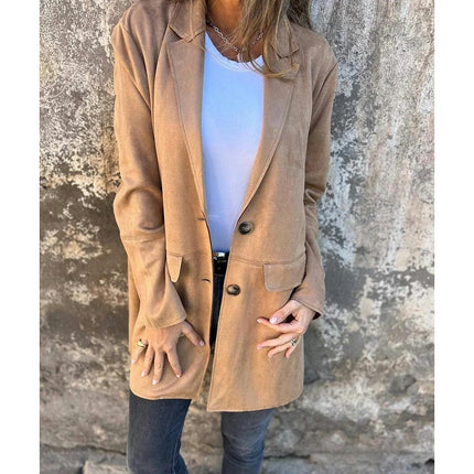 Women's Autumn and Winter Mid-Length Suede Jacket-Lapel Long Sleeve Casual Button Jacket