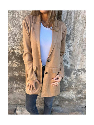 Women's Autumn and Winter Mid-Length Suede Jacket-Lapel Long Sleeve Casual Button Jacket