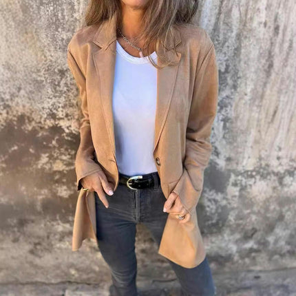 Women's Autumn and Winter Mid-Length Suede Jacket-Lapel Long Sleeve Casual Button Jacket