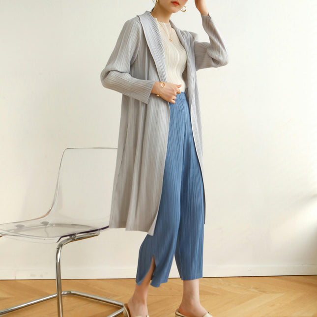 Autumn and Spring Pleated Long Fashion Solid Color Thin Cardigan Top Coat