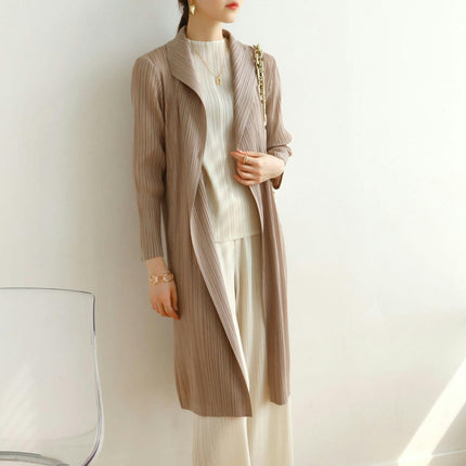 Autumn and Spring Pleated Long Fashion Solid Color Thin Cardigan Top Coat