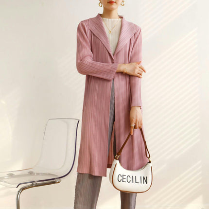 Autumn and Spring Pleated Long Fashion Solid Color Thin Cardigan Top Coat