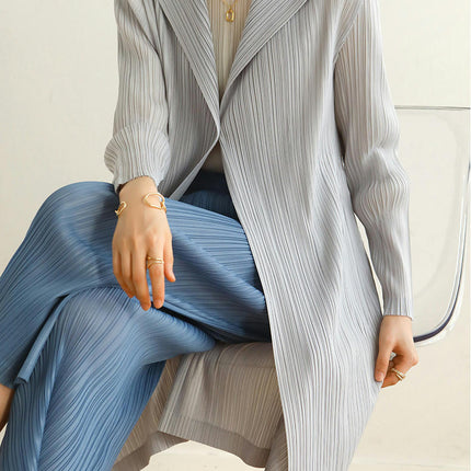 Autumn and Spring Pleated Long Fashion Solid Color Thin Cardigan Top Coat