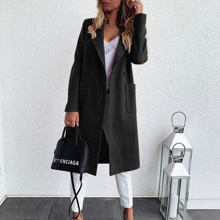 Autumn and Winter Solid Color Long Sleeve Double Pocket Suit Collar Woolen Coat Women