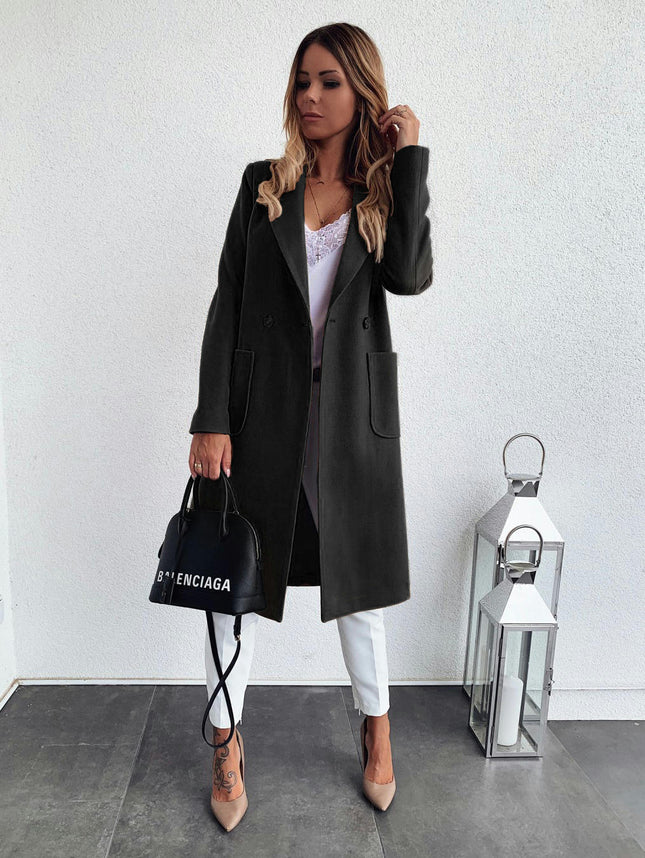 Autumn and Winter Solid Color Long Sleeve Double Pocket Suit Collar Woolen Coat Women