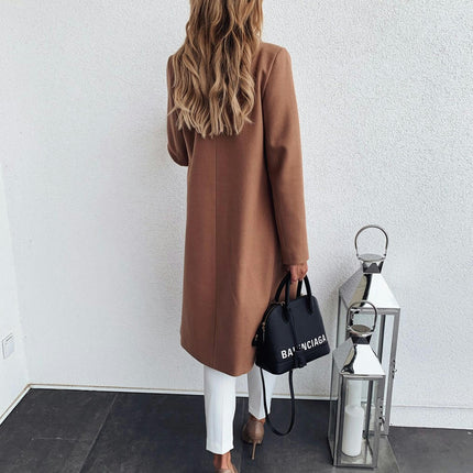 Autumn and Winter Solid Color Long Sleeve Double Pocket Suit Collar Woolen Coat Women