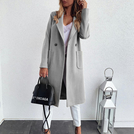 Autumn and Winter Solid Color Long Sleeve Double Pocket Suit Collar Woolen Coat Women