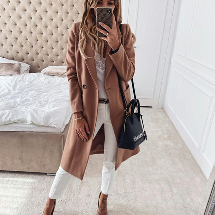 Autumn and Winter Solid Color Long Sleeve Double Pocket Suit Collar Woolen Coat Women