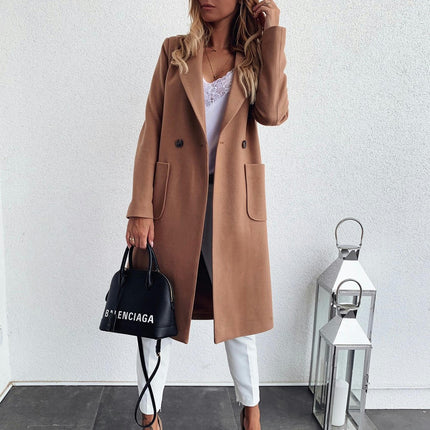 Autumn and Winter Solid Color Long Sleeve Double Pocket Suit Collar Woolen Coat Women