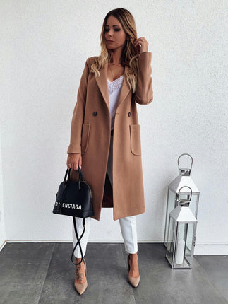 Autumn and Winter Solid Color Long Sleeve Double Pocket Suit Collar Woolen Coat Women