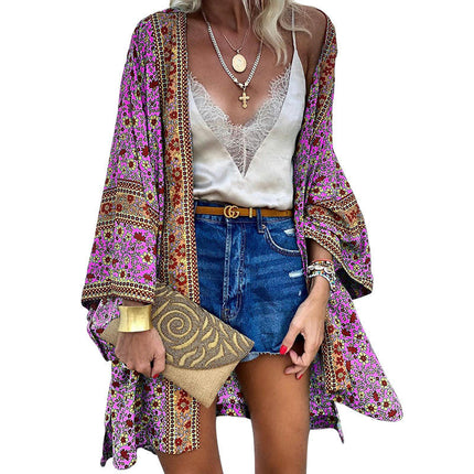 Women's Thin Loose Bohemian Long Sleeve Printed Midi Cardigan Jacket