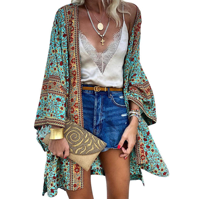 Women's Thin Loose Bohemian Long Sleeve Printed Midi Cardigan Jacket