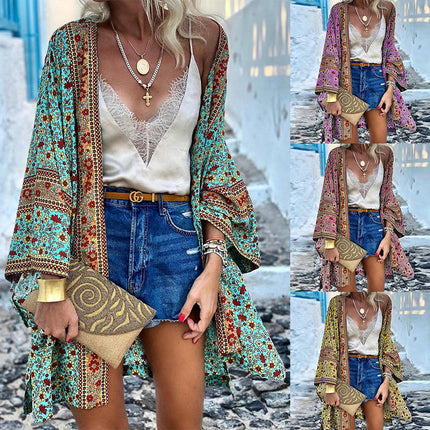 Women's Thin Loose Bohemian Long Sleeve Printed Midi Cardigan Jacket