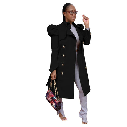 Women's Puff Sleeve Double Breasted Long Trench Coat Belted Lapel Jacket Overcoat