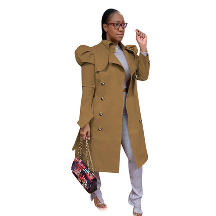 Women's Puff Sleeve Double Breasted Long Trench Coat Belted Lapel Jacket Overcoat