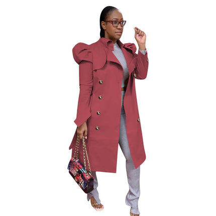 Women's Puff Sleeve Double Breasted Long Trench Coat Belted Lapel Jacket Overcoat