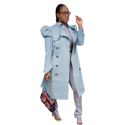 Women's Puff Sleeve Double Breasted Long Trench Coat Belted Lapel Jacket Overcoat