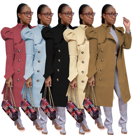 Women's Puff Sleeve Double Breasted Long Trench Coat Belted Lapel Jacket Overcoat