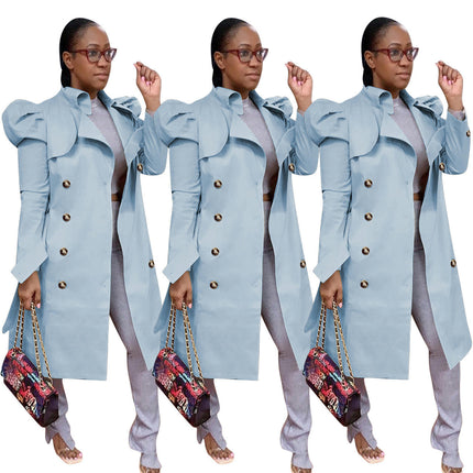 Women's Puff Sleeve Double Breasted Long Trench Coat Belted Lapel Jacket Overcoat