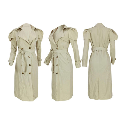 Women's Puff Sleeve Double Breasted Long Trench Coat Belted Lapel Jacket Overcoat