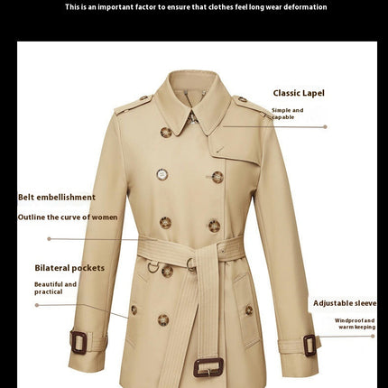 Women's High-end Double Breasted Trench Coats Mid-Length Belted Overcoat