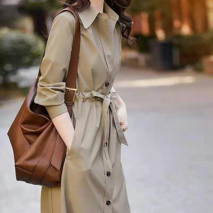 Women's Lapel Button Waist Tie Modern Paradigm Long Trench Coat