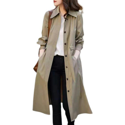 Women's Lapel Button Waist Tie Modern Paradigm Long Trench Coat