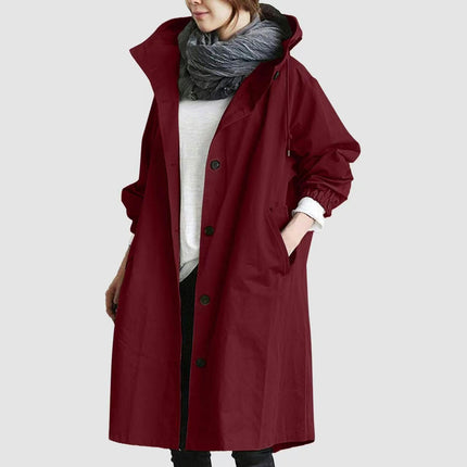 Spring Button Casual Trench Coat Women's Midi Loose Long Sleeve Hooded Jacket 1