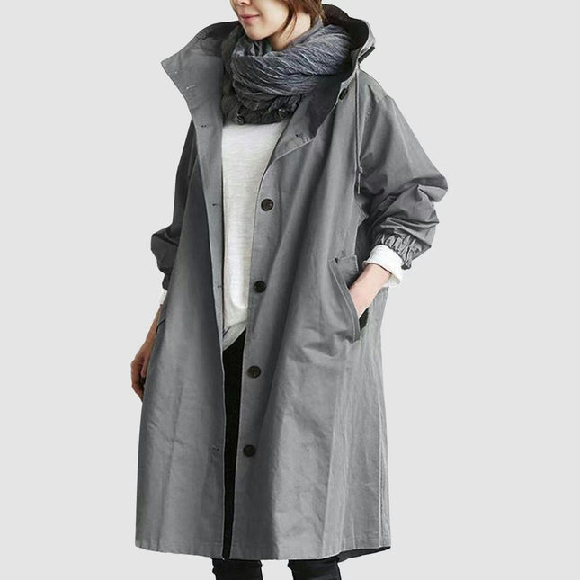 Spring Button Casual Trench Coat Women's Midi Loose Long Sleeve Hooded Jacket