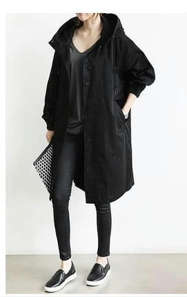 Spring Button Casual Trench Coat Women's Midi Loose Long Sleeve Hooded Jacket