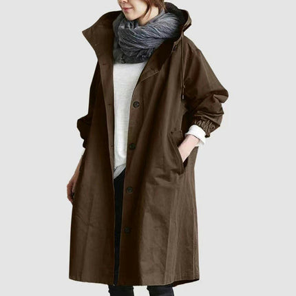 Spring Button Casual Trench Coat Women's Midi Loose Long Sleeve Hooded Jacket